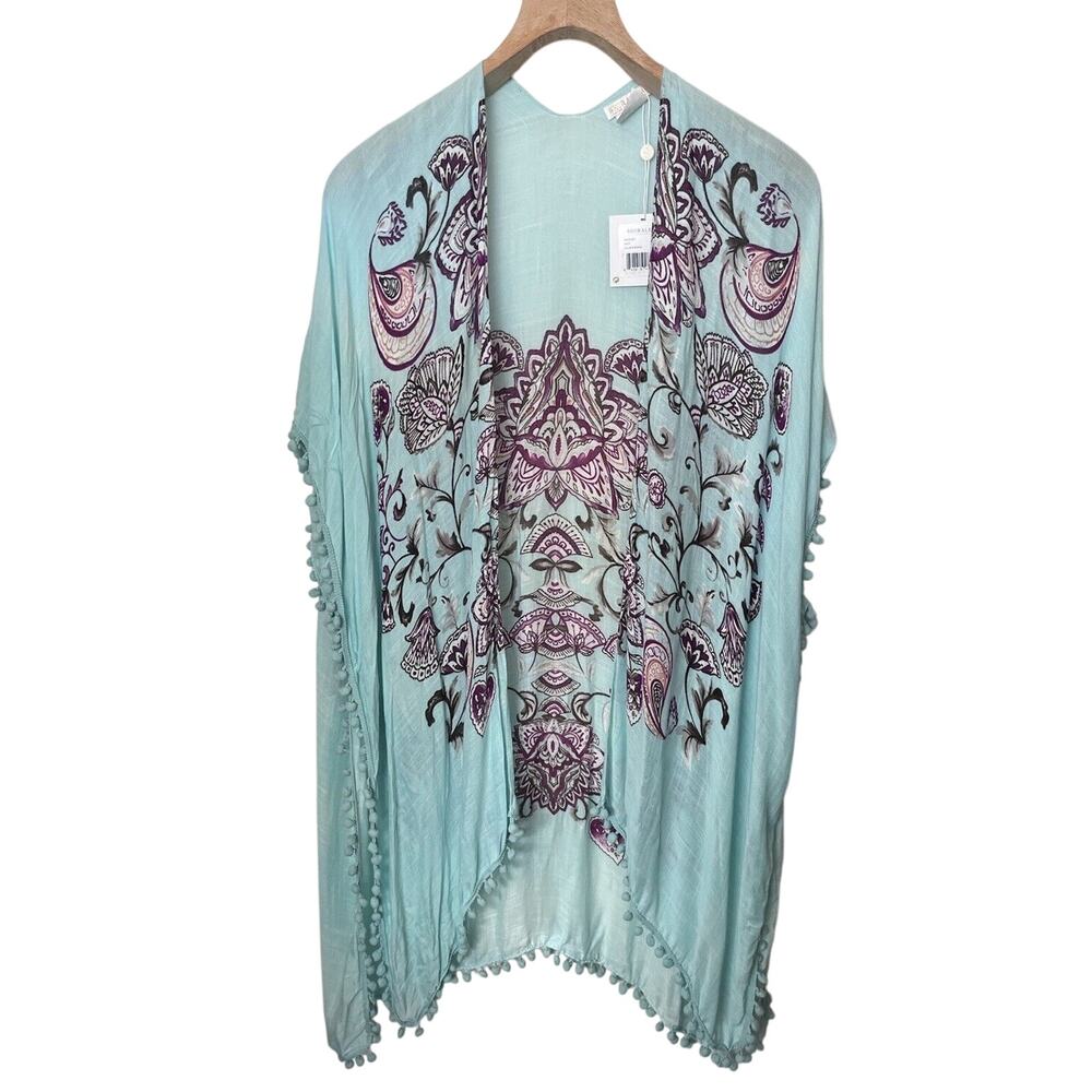 NWT Shiraleah Ellis Blue Mint Fringe Boho Cover Up Kimono One Size